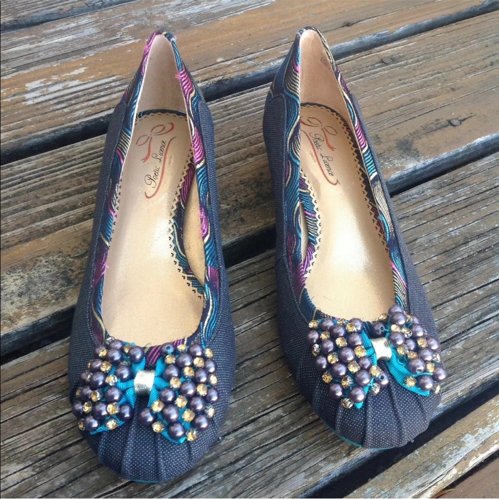 Poetic Licence Please Me Denim Jewel Ballet Bow Kitten Heels Sz 6.5 Womens Shoes